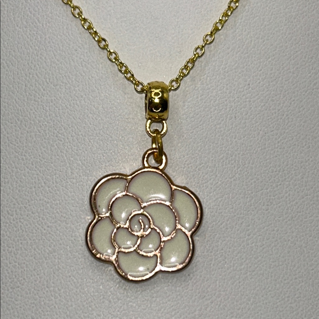 Artisan Handmade Gold Plated Sterling Silver White Enamel Flower Charm Necklace 25$